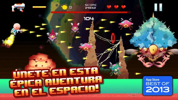 DOT Space Hero: DOT vuela con su jetpack entre enemigos alienígenas frente a un jefe gigante