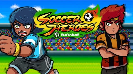 Soccer Heroes: dos capitanes rivales de estilo anime frente al logotipo del juego en un estadio